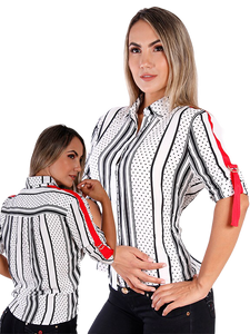 Camisa con cuello en V y mangas enróllables , para mujer hecha en colombia